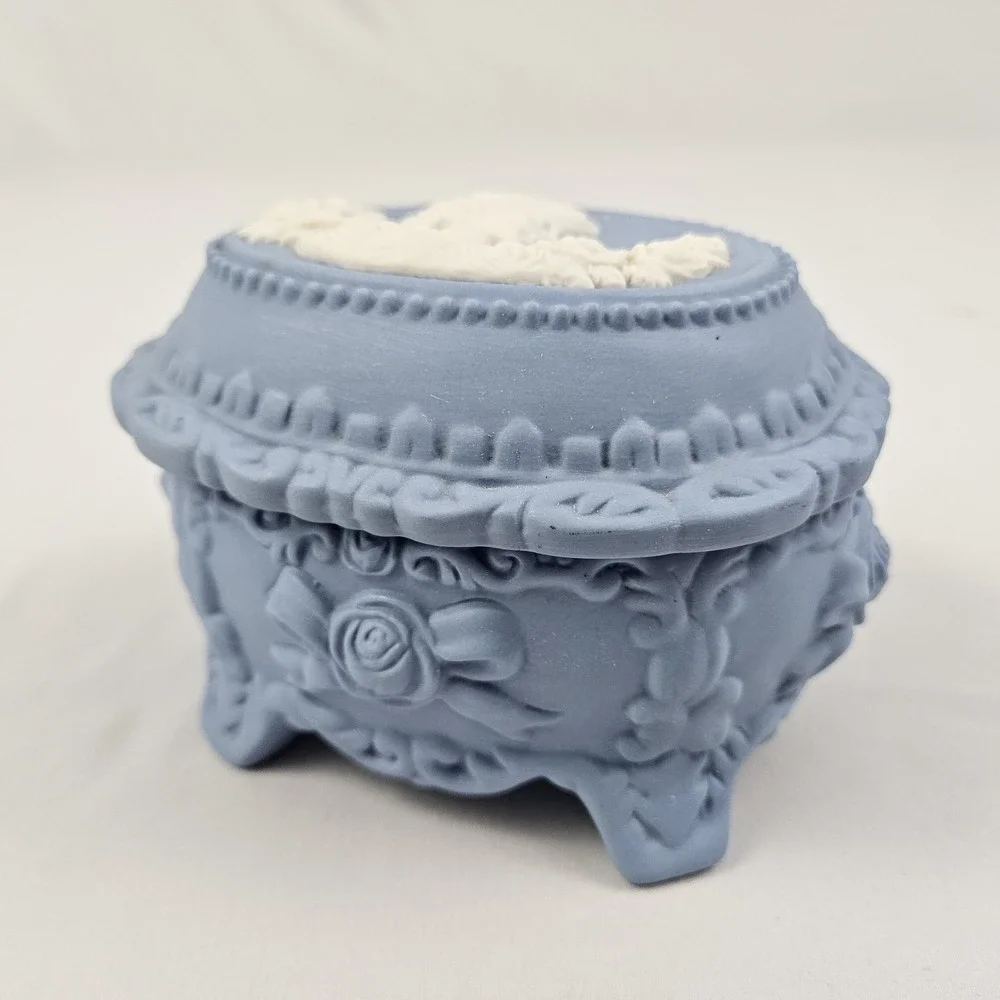 Vintage Blue Jasperware Style Trinket Box with White Relief Maiden Cameo